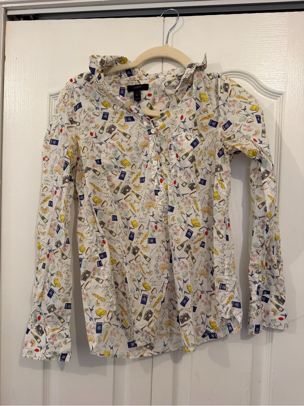 Women J.Crew Travel Print 1/4 Button Up Shirt Sz 0 Paris Eiffel Cotton Blouse
